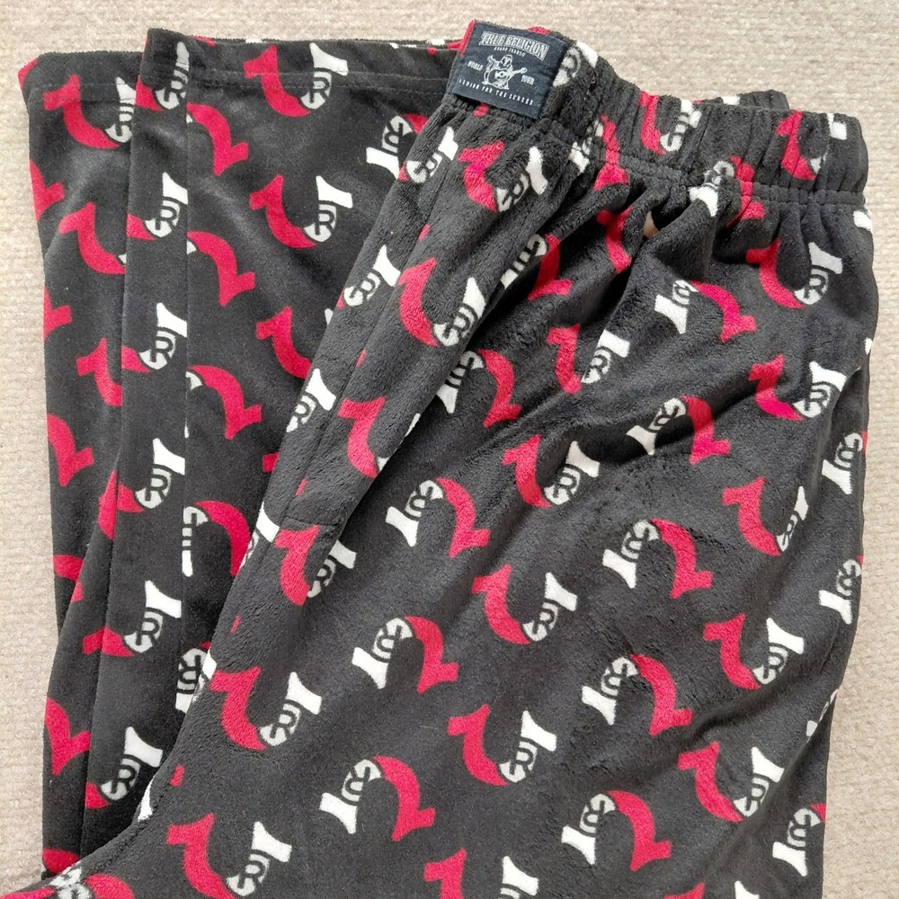 True Religion Black W/Red Logo All Over Print Velour Fleece Lounge Pants Mens XL